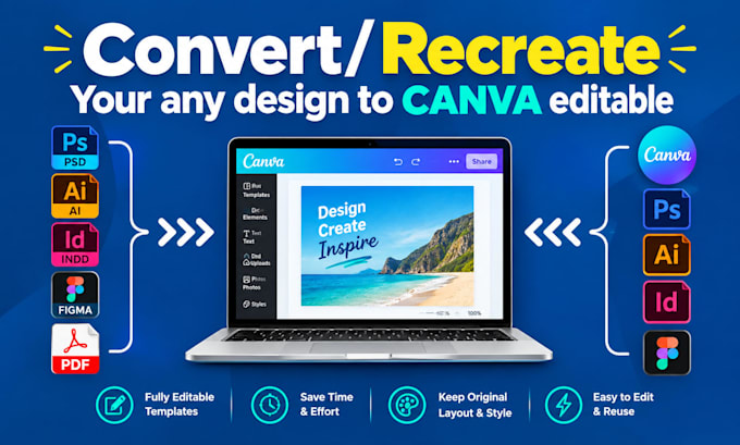 create or recreate psd, pdf, ai, indesign, figma to canva