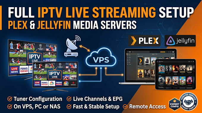fully setup iptv live streaming, tuner in plex server, jellyfin server on vps