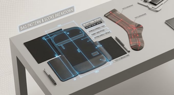 design 3d bag tech pack, 3d textile animation, 3d socks animation, and 3d render