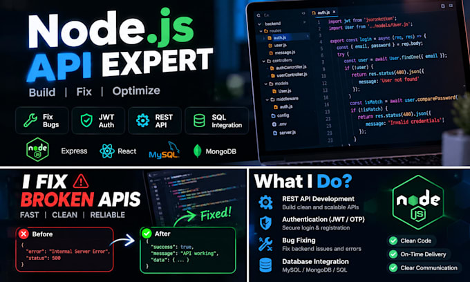 fix your node js api bugs or jwt authentication issues fast