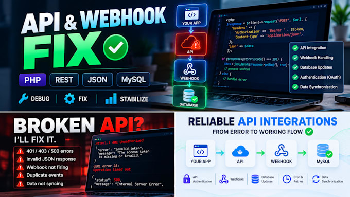 debug and fix API and webhook issues in PHP