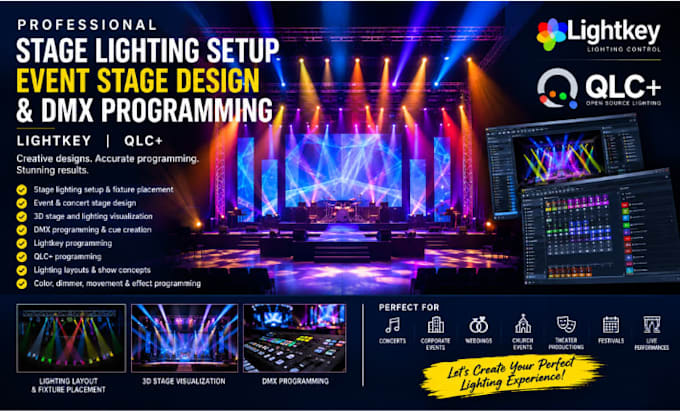 design stage lighting setup, dmx programming and event stage design lightkey qlc