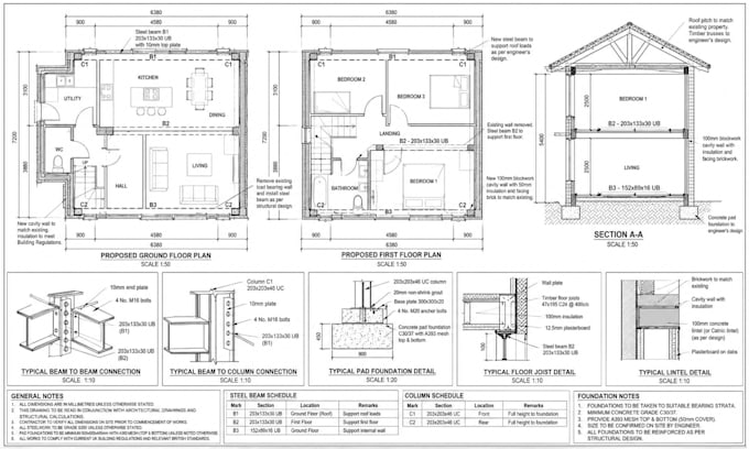 do building regs drawing, UK house extension and loft conversion plan structural
