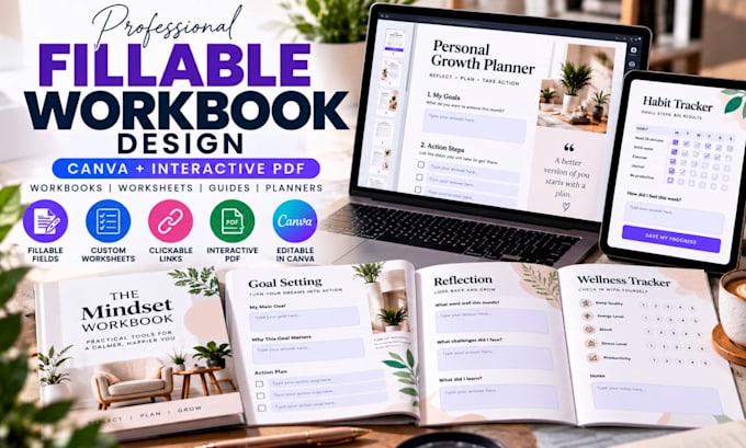 design fillable canva workbook and interactive PDF guide