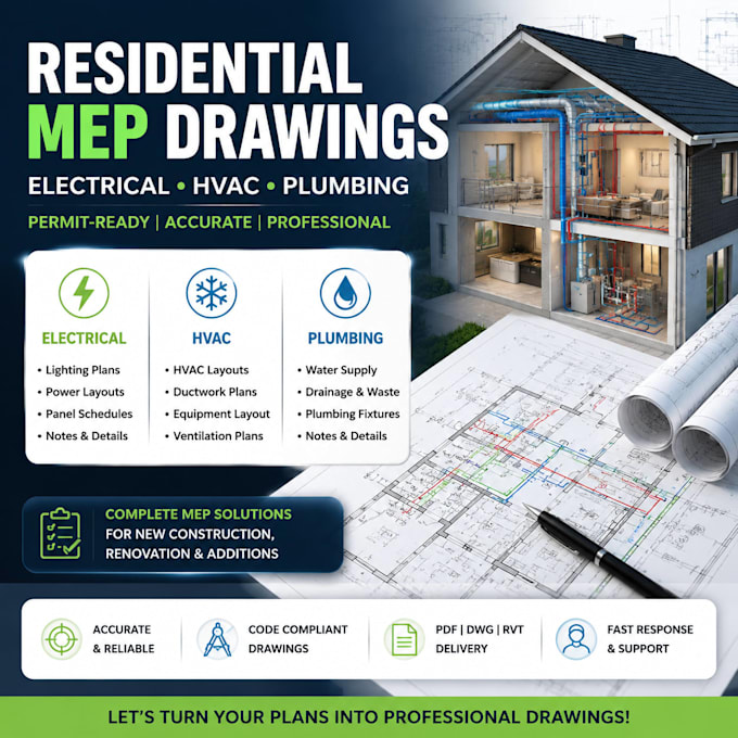 create residential mep drawing for hvac electrical and plumbing plans