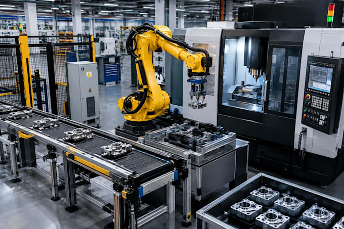 create 3d industrial robot and manufacturing cell animation