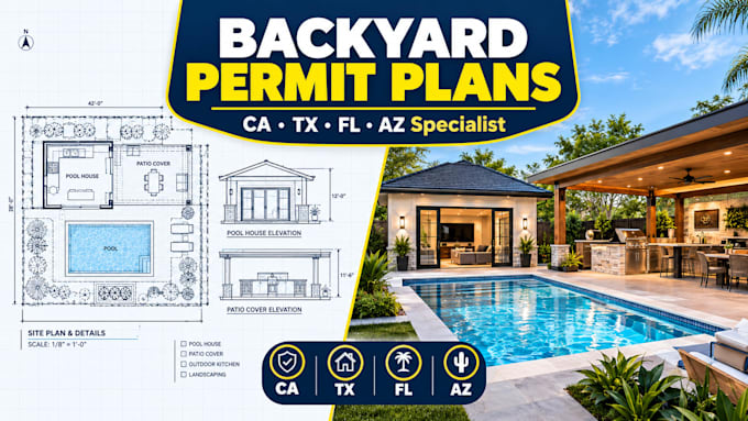 draw backyard patio cover, outdoor kitchen, or pool house permit plans