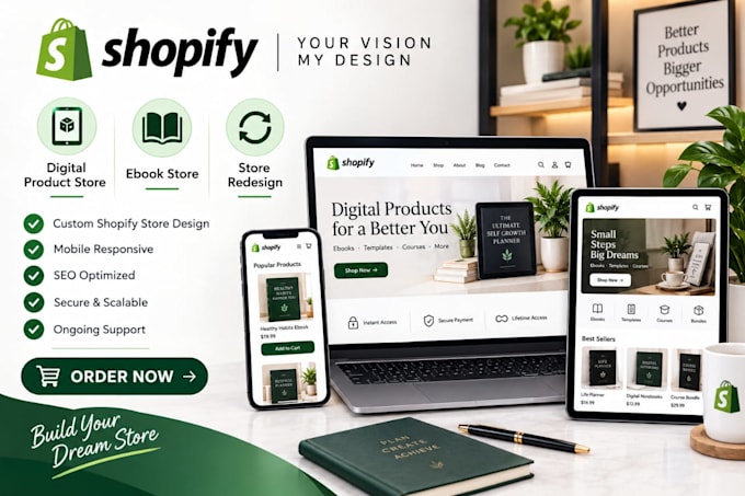 design shopify digital product store ebook store and store redesign