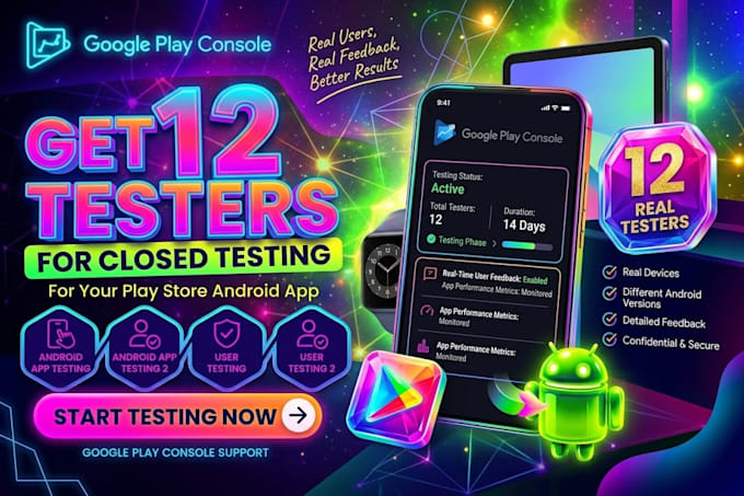 provide 12 testers for play store android app closed testing mobile app testing