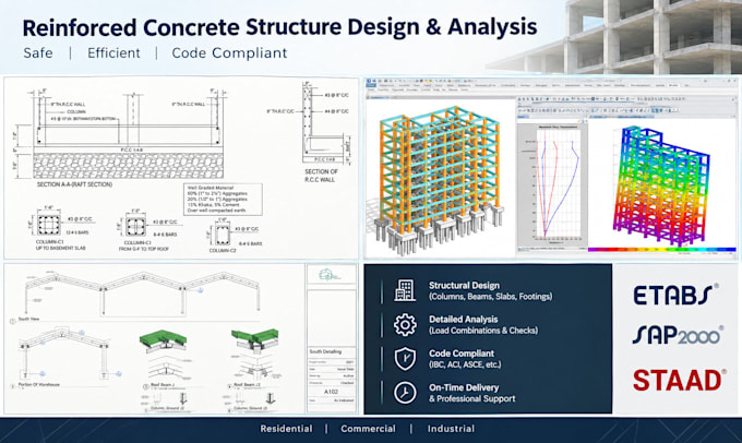 design reinforced concrete structures using etabs, safe and staad