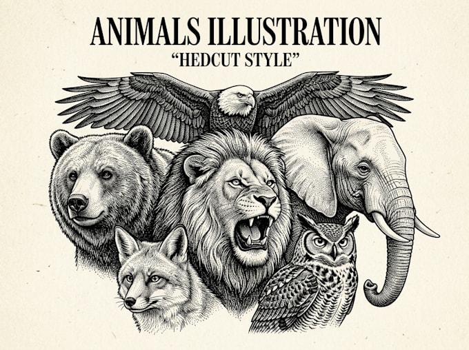 draw a hedcut wsj style  animals illustration