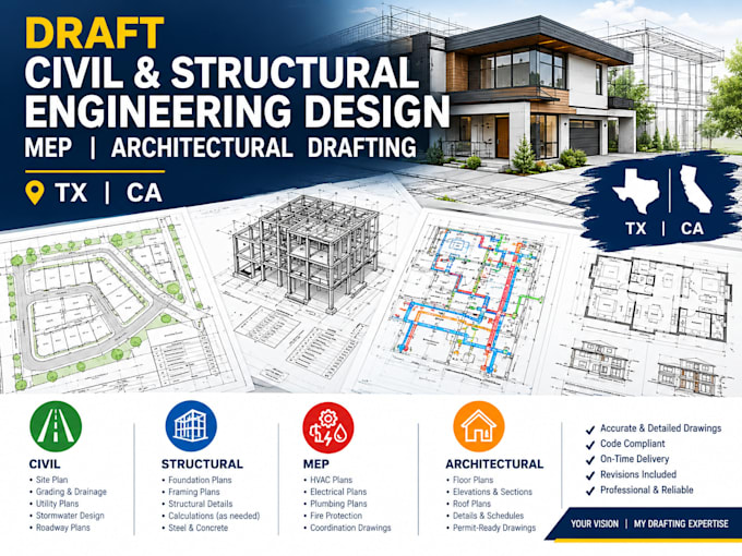 draft civil and structural engineering design, mep architectural drafting tx ca