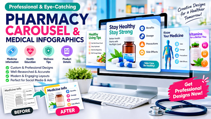 design pharmacy carousel posts and medical infographics