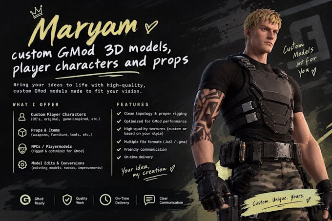 create custom gmod 3d models, player characters and props