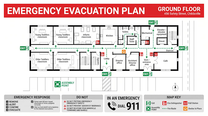 design a professional fire safety and evacuation floor plan