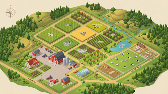 design custom 2d, 3d isometric farm map, vineyard map, orchard map, ranch map