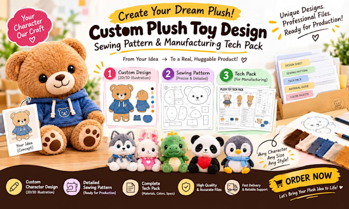 create cute custom plush toy design, sewing pattern, and manufacturing tech pack