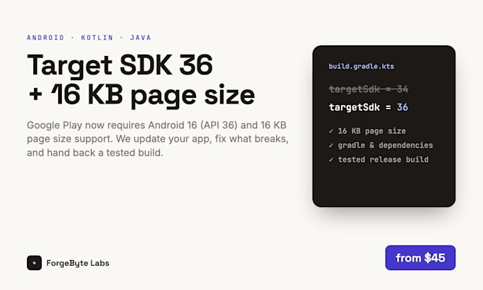update your android app to target sdk 36 and 16kb page size