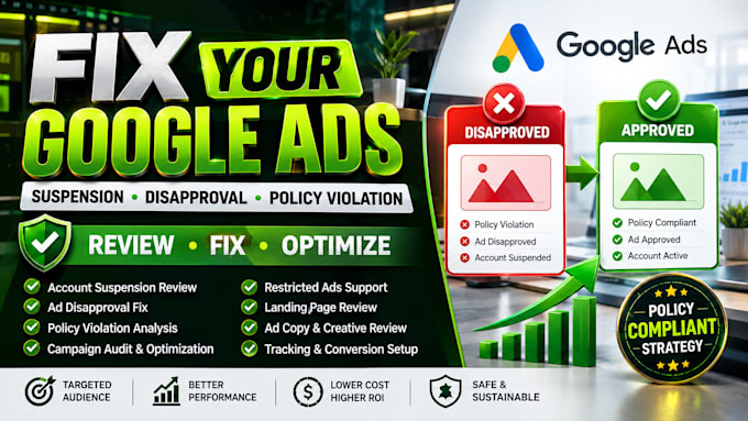 fix google ads suspension, ads policy violation, ads disapproval, restricted ads