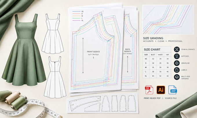 create custom digital sewing patterns, garment patterns and PDF patterns