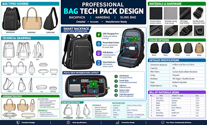 design backpack, handbag, sling bag tech pack with pcb and tech integration