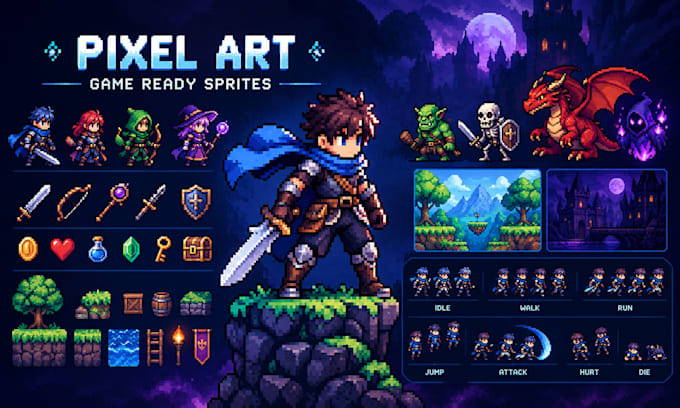 create pixel sprite sheet pixel art animation pixel game art for 2d video games