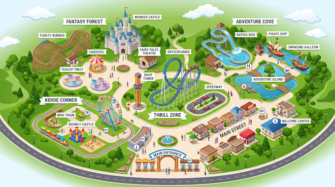 design custom theme park map, zoo map, amusement park and attraction map