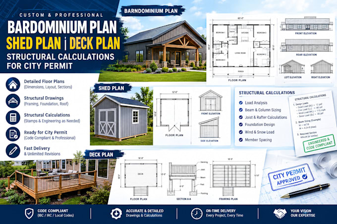 do bardominium plan, shed plan, deck plan structural calculation for city permit