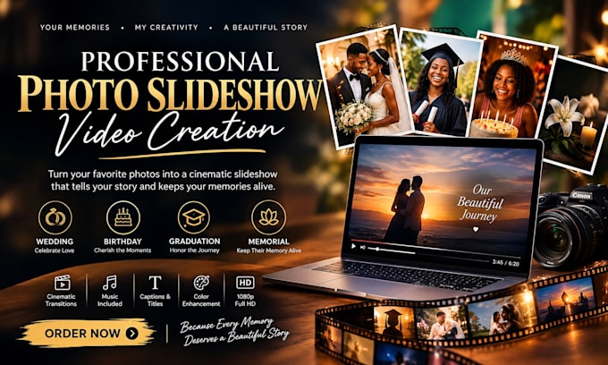 create cinematic wedding, memorial, birthday and graduation slideshows