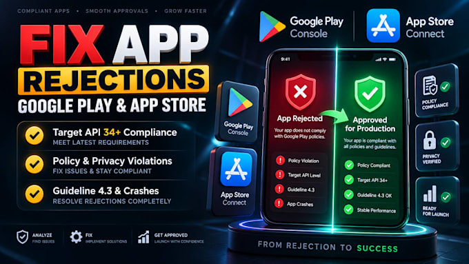 fix google play console and apple app store app rejection and compliance errors