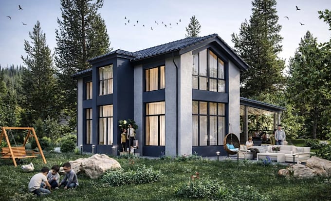 modernize 3d cottage house,interior layout,bedroom design,parlor fireplace,lawn
