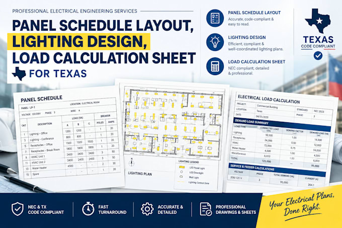 provide panel schedule layout, lighting design, load calculation sheet for texas