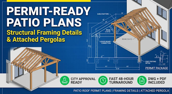 draft patio roof permit plans framing details attached pergola