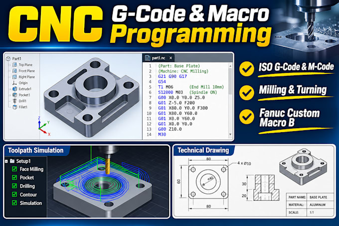 write custom cnc g code and macro programs for milling or turning