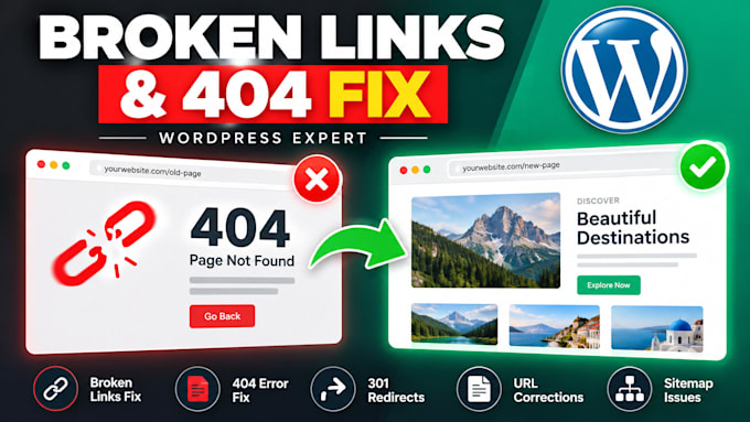 fix broken links, 404 errors and technical SEO issues in wordpress