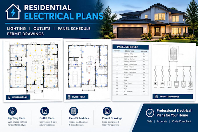 create residential electrical plans, lighting, outlets, and panel schedule