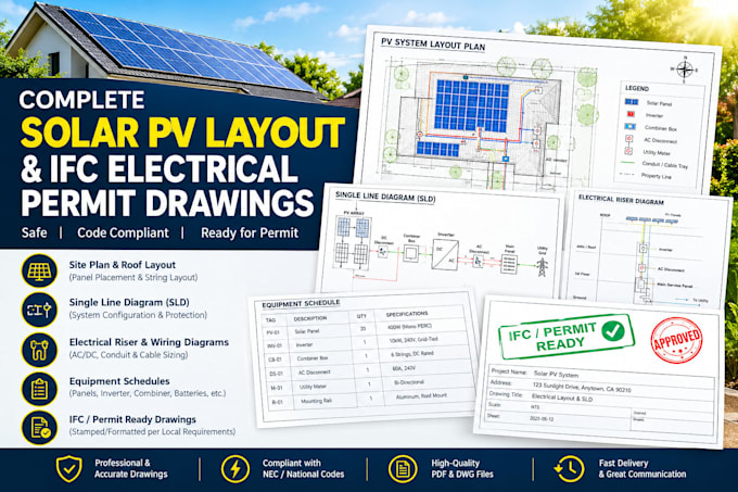 prepare complete solar pv layout and ifc electrical permit drawings