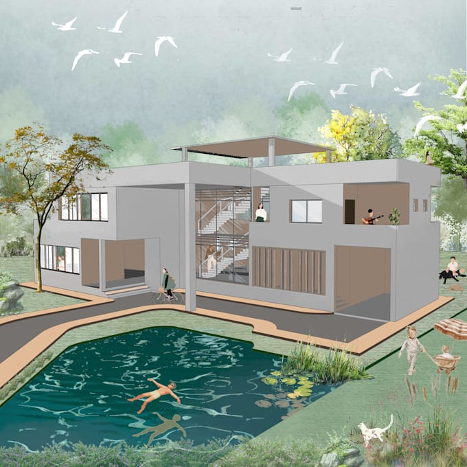 draw autocad 2d floor plan, photoshop rendering and 3d model