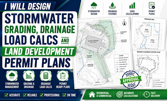 design stormwater grading, drainage load calcs and land development permit plans
