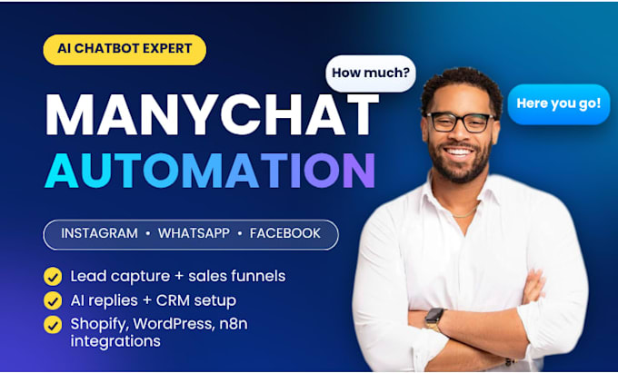 setup manychat automation, manychat chatbot for instagram, whatsapp, facebook