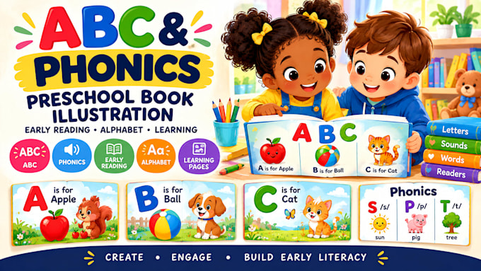 create educational preschool book illustrations for abc phonics and reading