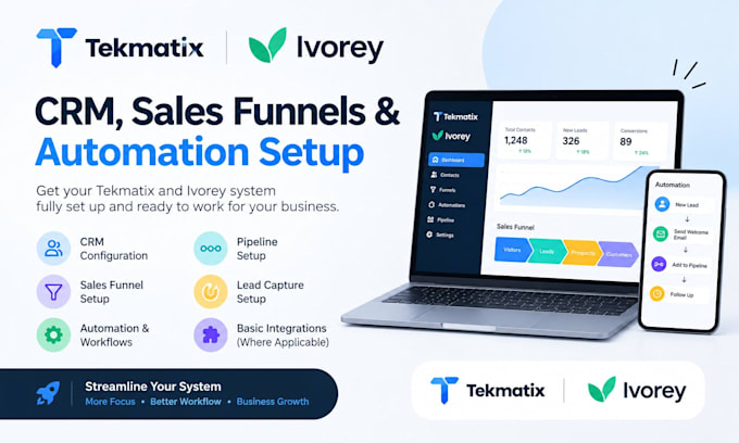 setup tekmatix and ivorey CRM, sales funnels and automation