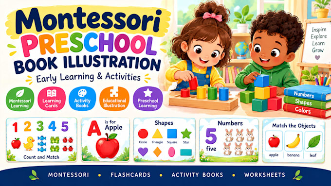 create montessori preschool book illustrations for early learning and act