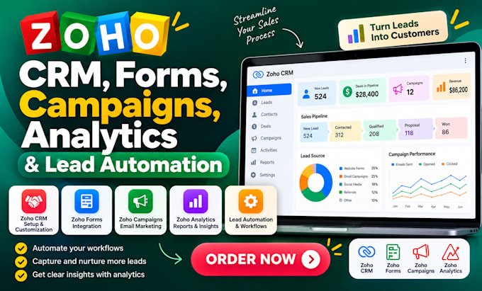 setup zoho CRM, forms, campaigns, analytics and lead automation
