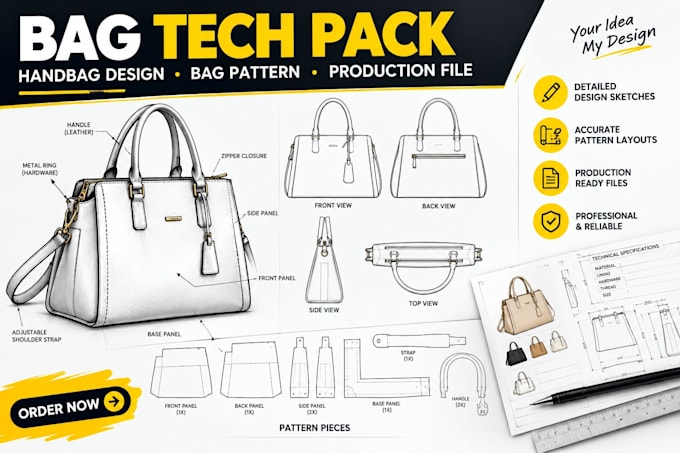 create bag tech pack, handbag design, bag pattern and production file