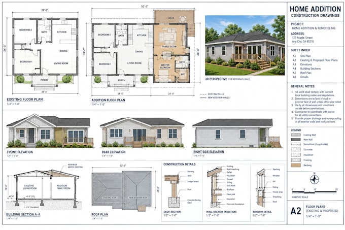 draft permit drawings, adu, jadu garage conversion, home addition as built plans