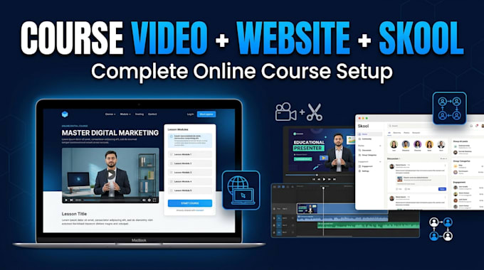 create, edit online course videos, design course website, setup skool community