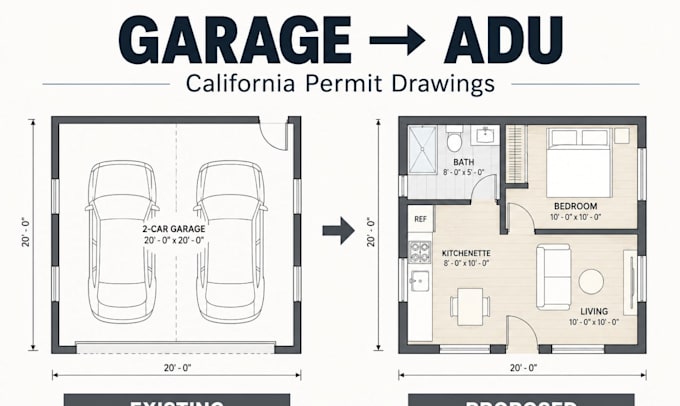 draw california garage conversion adu jadu plans city permit