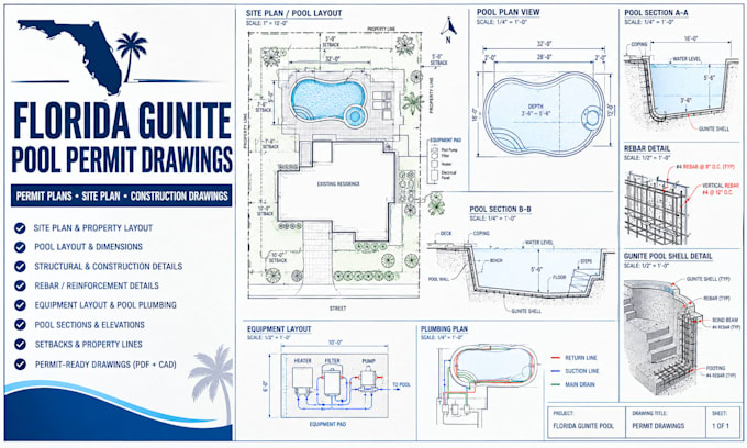 design florida gunite pool permit drawings, permit construction plans