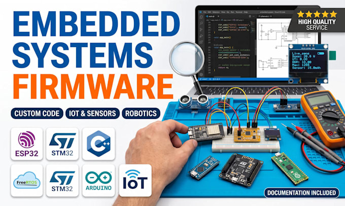 develop custom embedded firmware for esp32, stm32, and arduino